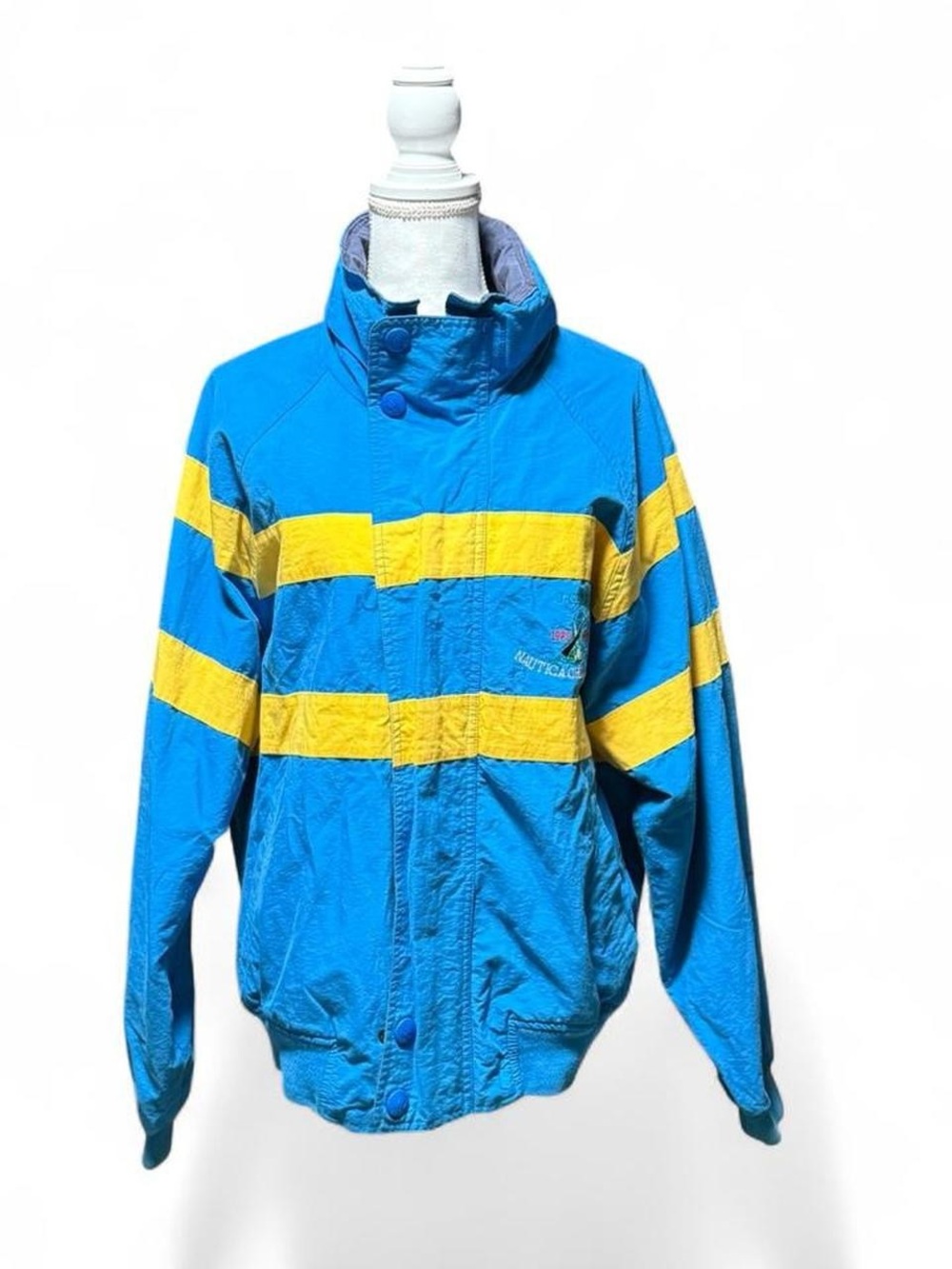 Vintage Nautica J-Class Sailing Jacket Hooded Blue Yellow L 90s Windbreaker